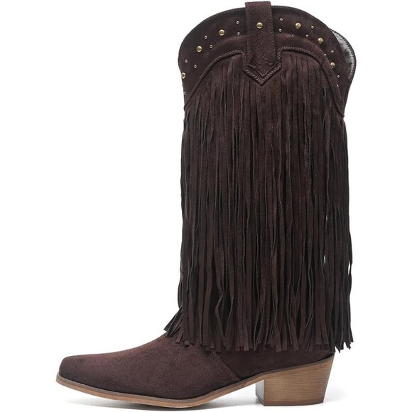 AMOJI Women Brown Western Cowboy Boots Pointed Toe Mid Calf Cowgirl - Picture 2 of 7